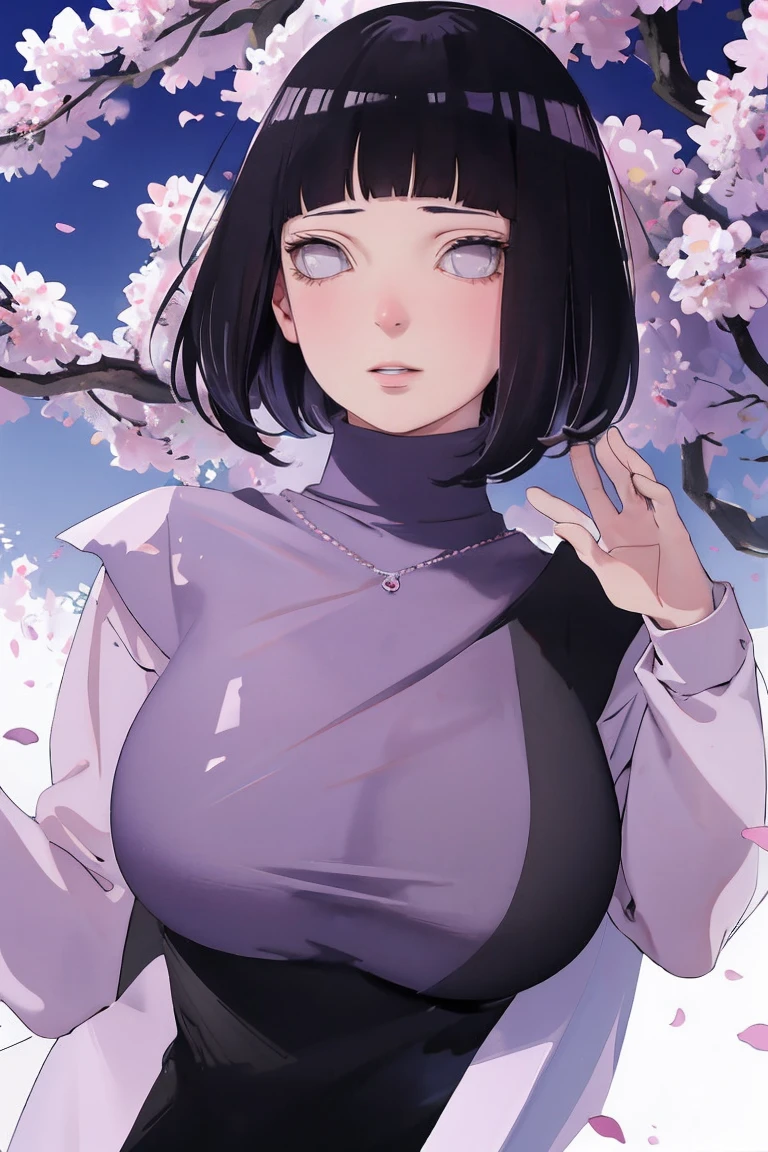 { - anatomy error} (Masterpiece - Ultra-detailed, very high resolution) (huge titusty, masterpiece, absurdres, hinata\(boruto\), 1girl, solo,mature female, lilac turtleneck blouse, black pant, looking at viewelling petals), perfect composition, detailed lips, big breast, beautiful face, body propotion, blush, (pink lips), short hair, (black hair), purple eyes, soft gaze, super realistic, detailed, photoshoot, realistic face and body, closed mouth , lilac eyes, upper body, hidden hands, perfect fingers, inocent face, portrait, Walking, writing, lying down, standing, on your back, dynamic poses