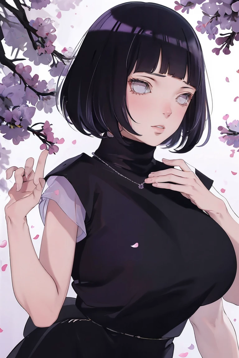 { - anatomy error} (Masterpiece - Ultra-detailed, very high resolution) (huge titusty, masterpiece, absurdres, hinata\(boruto\), 1girl, solo,mature female, lilac turtleneck blouse, black pant, looking at viewelling petals), perfect composition, detailed lips, big breast, beautiful face, body propotion, blush, (pink lips), short hair, (black hair), purple eyes, soft gaze, super realistic, detailed, photoshoot, realistic face and body, closed mouth , lilac eyes, upper body, hidden hands, perfect fingers, inocent face, portrait, Walking, writing, lying down, standing, on your back, dynamic poses