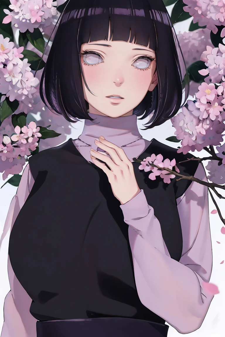 { - anatomy error} (Masterpiece - Ultra-detailed, very high resolution) (huge titusty, masterpiece, absurdres, hinata\(boruto\), 1girl, solo,mature female, lilac turtleneck blouse, black pant, looking at viewelling petals), perfect composition, detailed lips, big breast, beautiful face, body propotion, blush, (pink lips), short hair, (black hair), purple eyes, soft gaze, super realistic, detailed, photoshoot, realistic face and body, closed mouth , lilac eyes, upper body, hidden hands, perfect fingers, inocent face, portrait, Walking, writing, lying down, standing, on your back, dynamic poses