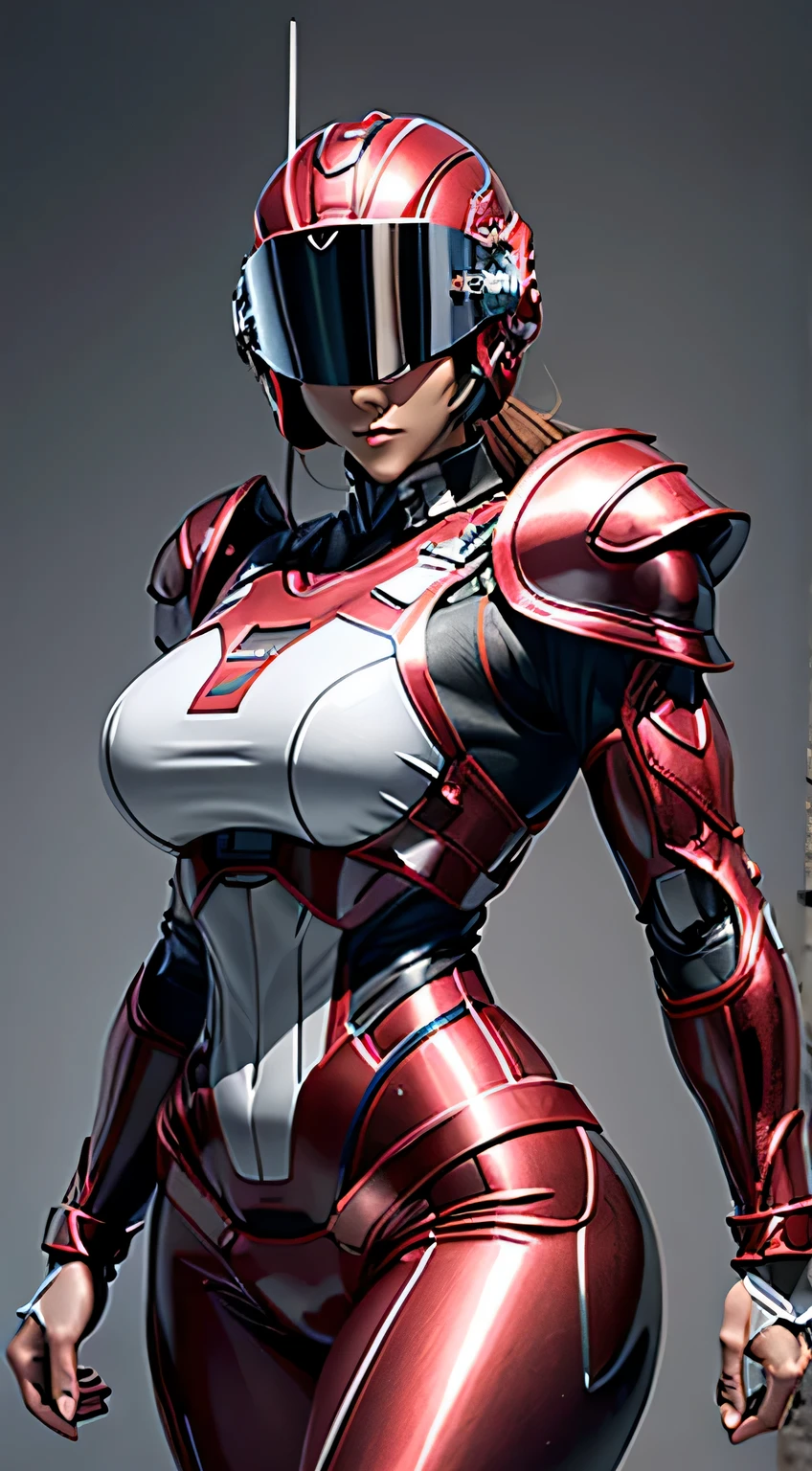 female robocop solo、bright outdoors、strong light source、8K, high quality, masterpiece, 最high quality、very detailed、Armor that completely covers the whole body、very large armor、Helmet covering the head、clear pictures、Eyes hidden by thin straight goggles:1.3、The lower half of the face is raw:1.5、The lower half of the face is exposed、luscious lips、Clear red and white metallic armor、Armor that completely covers the chest、thin and long legs、Vibrant posel body view,big and full breasts:1.5, (sports body:1.5)、five fingers、photos around town