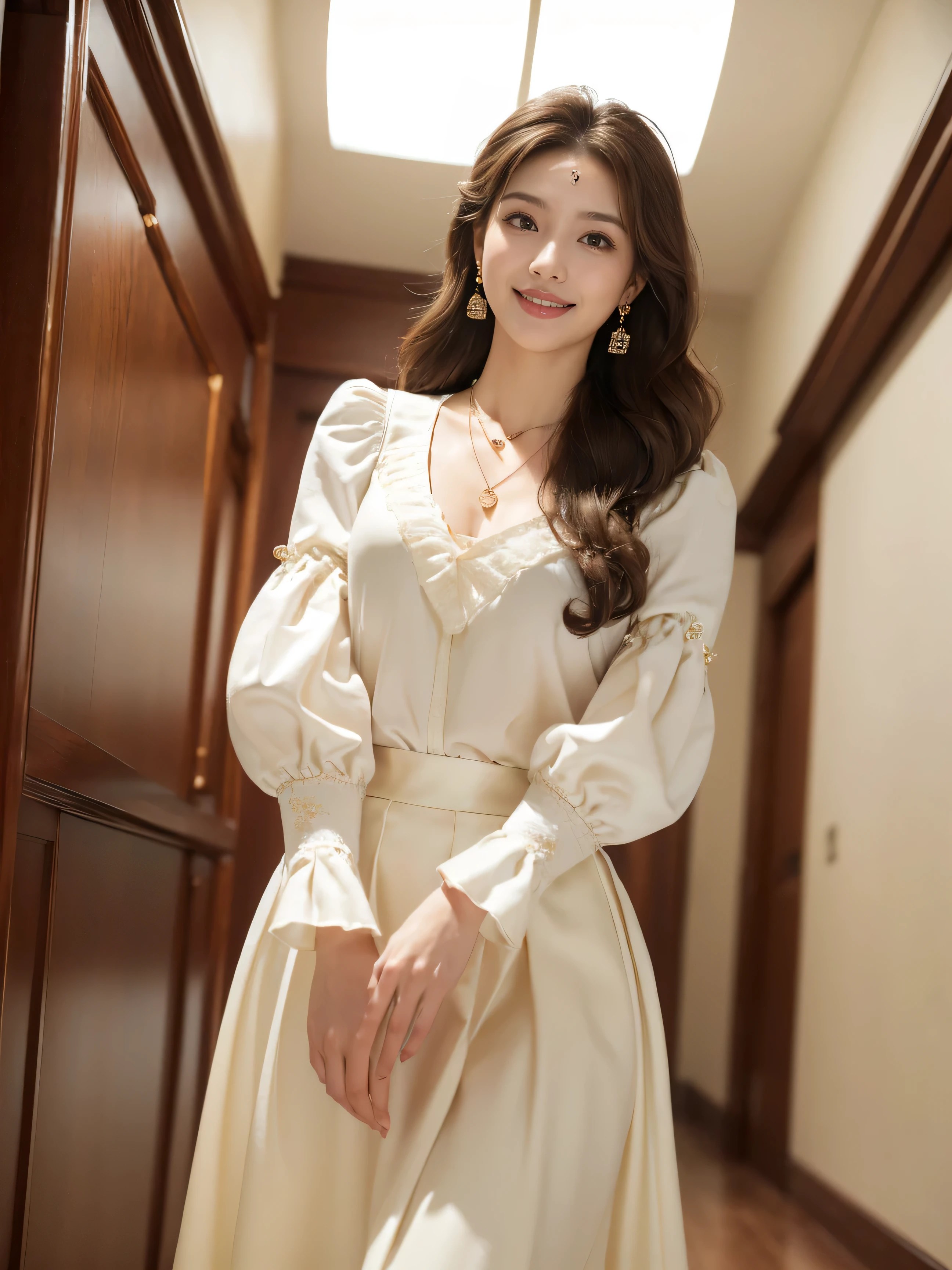 highest quality,masterpiece,ultra high resolution,(actual:1.4),original photo,ultra high resolution,8K,there is a girl,fashion,winter,confident and beautiful,calm temperament,whole body,street,long legs,((Hair with loose waves inside:1.2)),((Silver necklace_Large earrings:1.2)),((Super long brown hair:1.2))、((Strongly blurred beautiful office corridor background:1.1)、The most natural and perfect office hallway、perfectly organized hallway、(shy smile:1.3)),((necklace_Large earrings:1.2)),((look down at the viewer,from below:1.5))((Shirt with collar,puffy sleeves,Tight skirts:1.3))
