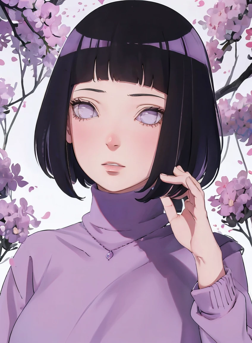 { - anatomy error} (Masterpiece - Ultra-detailed, very high resolution) (huge titusty, masterpiece, absurdres, hinata\(boruto\), 1girl, solo,mature female, lilac turtleneck blouse, black pant, looking at viewelling petals), perfect composition, detailed lips, big breast, beautiful face, body propotion, blush, (pink lips), short hair, (black hair), purple eyes, soft gaze, super realistic, detailed, photoshoot, realistic face and body, closed mouth , lilac eyes, upper body, hidden hands, perfect fingers, inocent face, portrait, , writing, reading, dynamic poses
