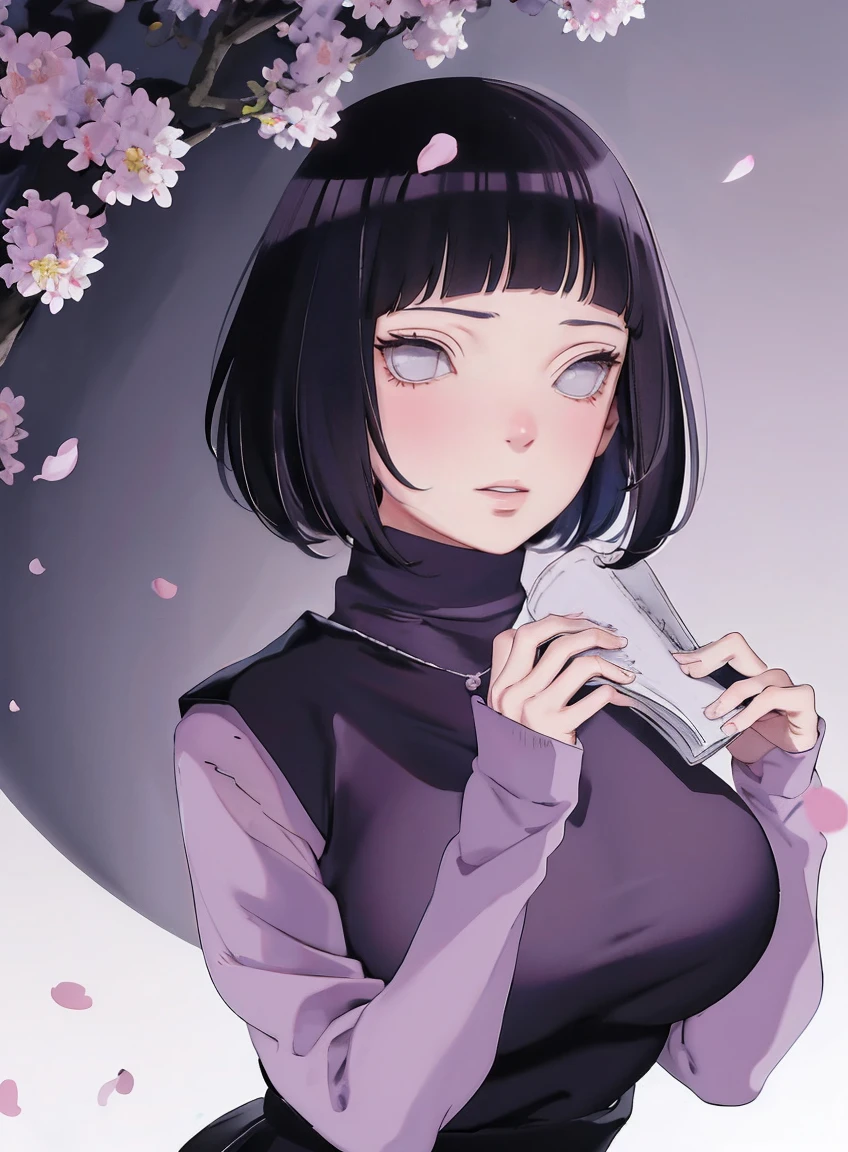 { - anatomy error} (Masterpiece - Ultra-detailed, very high resolution) (huge titusty, masterpiece, absurdres, hinata\(boruto\), 1girl, solo,mature female, lilac turtleneck blouse, black pant, looking at viewelling petals), perfect composition, detailed lips, big breast, beautiful face, body propotion, blush, (pink lips), short hair, (black hair), purple eyes, soft gaze, super realistic, detailed, photoshoot, realistic face and body, closed mouth , lilac eyes, upper body, hidden hands, perfect fingers, inocent face, portrait, , writing, reading, dynamic poses