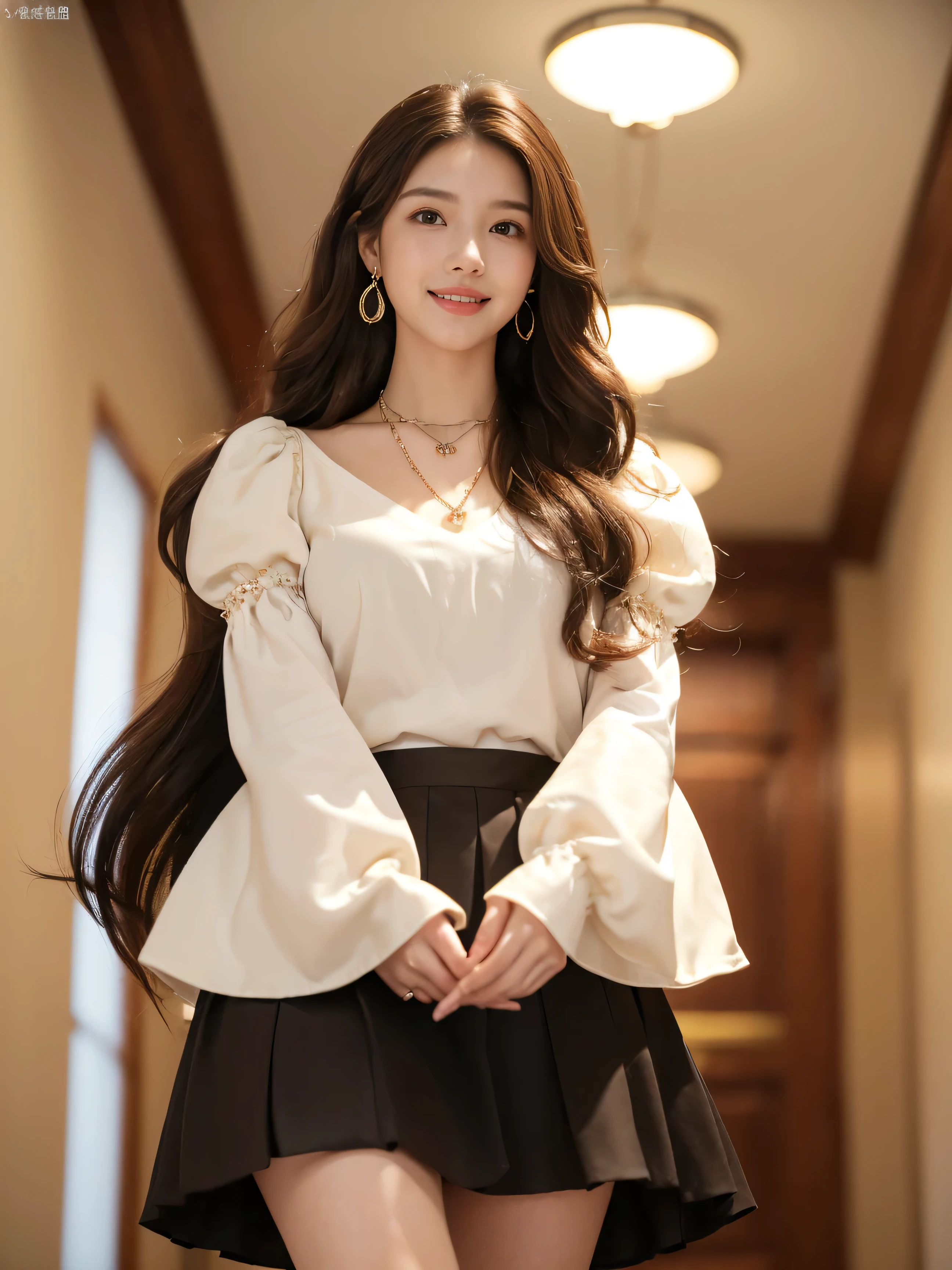 highest quality,masterpiece,ultra high resolution,(actual:1.4),original photo,ultra high resolution,8K,there is a girl,fashion,winter,confident and beautiful,calm temperament,whole body,street,long legs,((Hair with loose waves inside:1.2)),((Silver necklace_Large earrings:1.2)),((Super long brown hair:1.2))、((Strongly blurred beautiful office corridor background:1.1)、The most natural and perfect office hallway、perfectly organized hallway、(shy smile:1.3)),((necklace_Large earrings:1.2)),((look down at the viewer,from below:1.5))((Shirt with collar,puffy sleeves,Tight skirts:1.3))