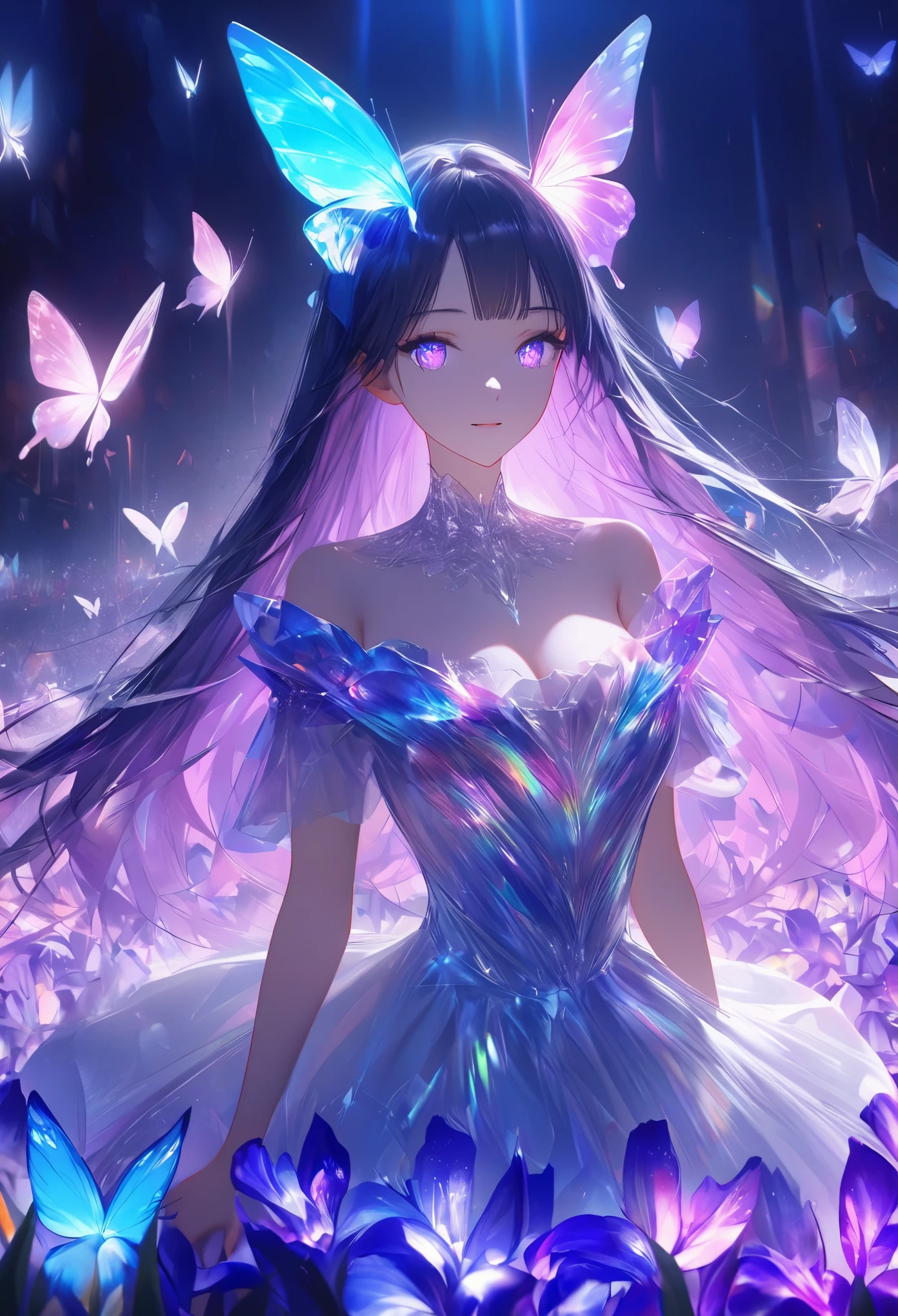 masterpiece, best quality,high resolution, 1 female, aldult, long hair. look_exist_audience, High, perfect stexisture, long time, Bangs, chromexistic dispersion, transparent_plastic, Polychromexistic prism effect, iris/Opalescence, glowing color, aluminum foil, glowing atmosphere,, moonlight, There are stars in the eyes, butterfly style, iris, Liuli, Polychromexistic prism effect, Rainbow core, iris/Opalescence, glowing atmosphere, Very beautiful dress