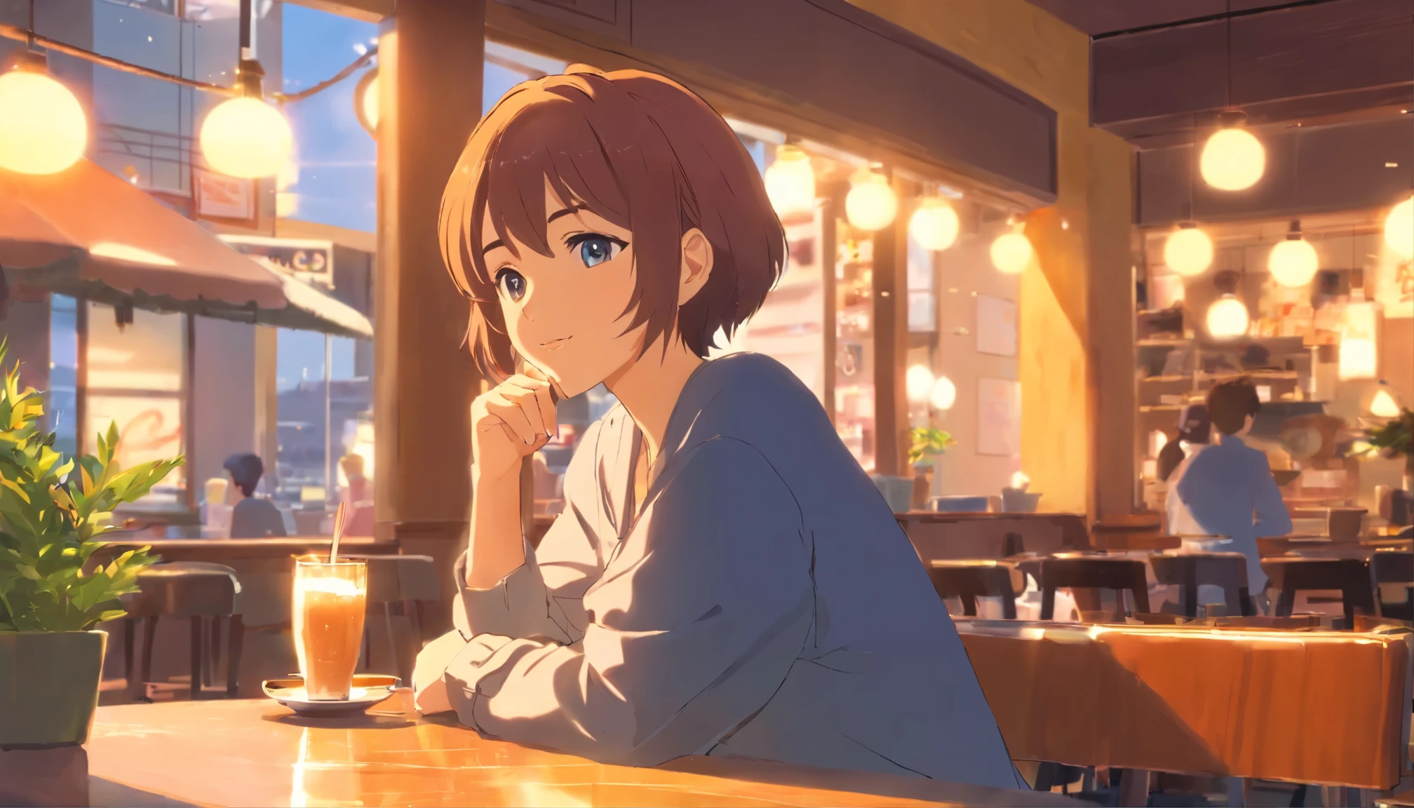 Beautiful woman relaxing in a café, warm and cozy atmosphere,