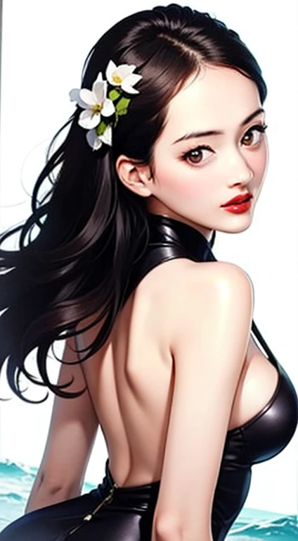 [(white background:1.5)::5], 1 girl,Upper body,robber girl,blue cheongsam,Chinese service,small hair flowers,(masterpiece:1.4),(highest quality:1.4),(shiny skin),red lips,((long hair、all back、Forehead exposed、black hair)), looking at the viewer,small breasts,Chinese style architecture with parted lips,stand on the sea, sea waves, splash of water, null, detailed month, particles of light, butterfly, night, starry null,
