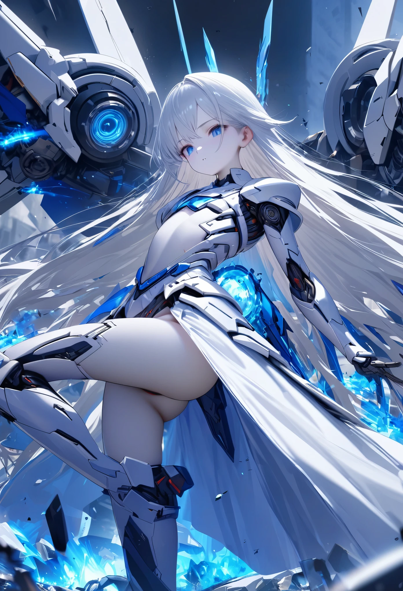 masterpiece, best quality, rich and colorful, Cowboy shooting, (pale skin:1.2), flat chest, Mecha, armor, girl,Mechanical_Body, high resolution, white hair, Very long hair, ahog, , alone, blue eyes, white coat, Soft fabric waist extension, blue energy, destroy, quantum energy, Mechanical wings
