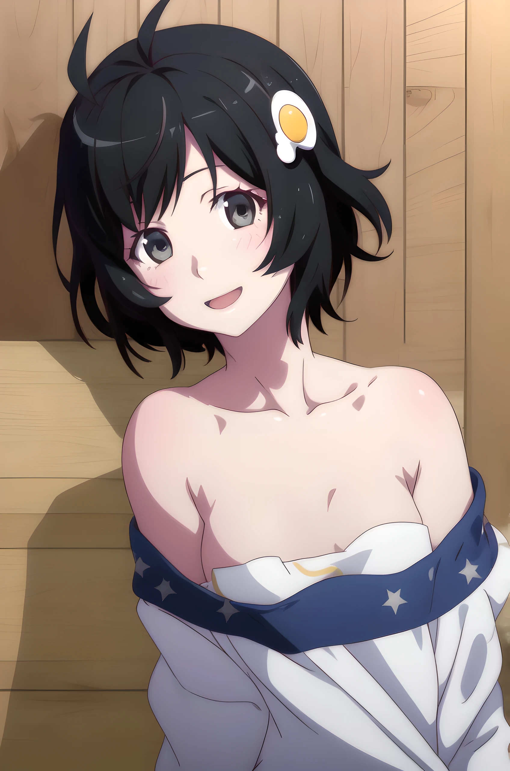 [simple background / white background],nsfw,1girl in,[[anime styled]],(Portrait),Face Focus/close up,Tomomi_Xijing,black hair,hair ribbon,Short hair,bob cut,nude,(nipples),Best Quality,Smile,blush,anime screen cap,Flat color,cel shading,