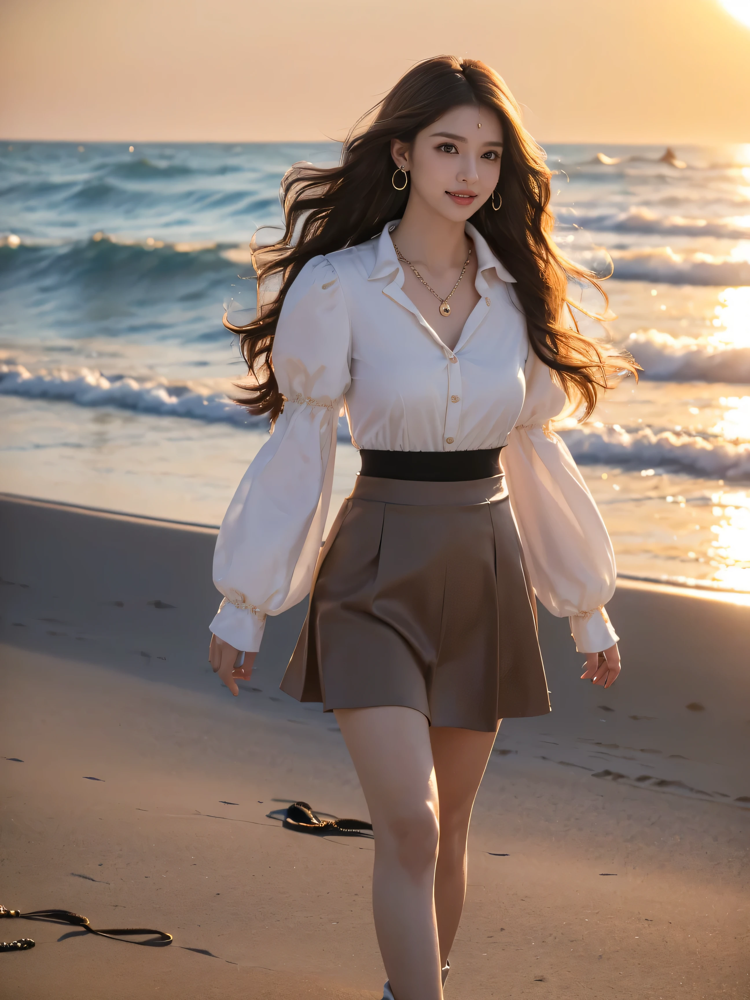 highest quality,masterpiece,ultra high resolution,(actual:1.4),original photo,ultra high resolution，8K，there is a girl，fashion，winter，confident and beautiful，calm temperament，whole body，street，long legs,((Hair with loose waves inside:1.2)),((Silver necklace＿Large earrings:1.2)),((Super long brown hair:1.2))、(shy smile:1.3)),((necklace＿Large earrings:1.2))((Shirt with collar,puffy sleeves,Tight skirts:1.3))((walking by the ocean at sunrise:1.4)), 