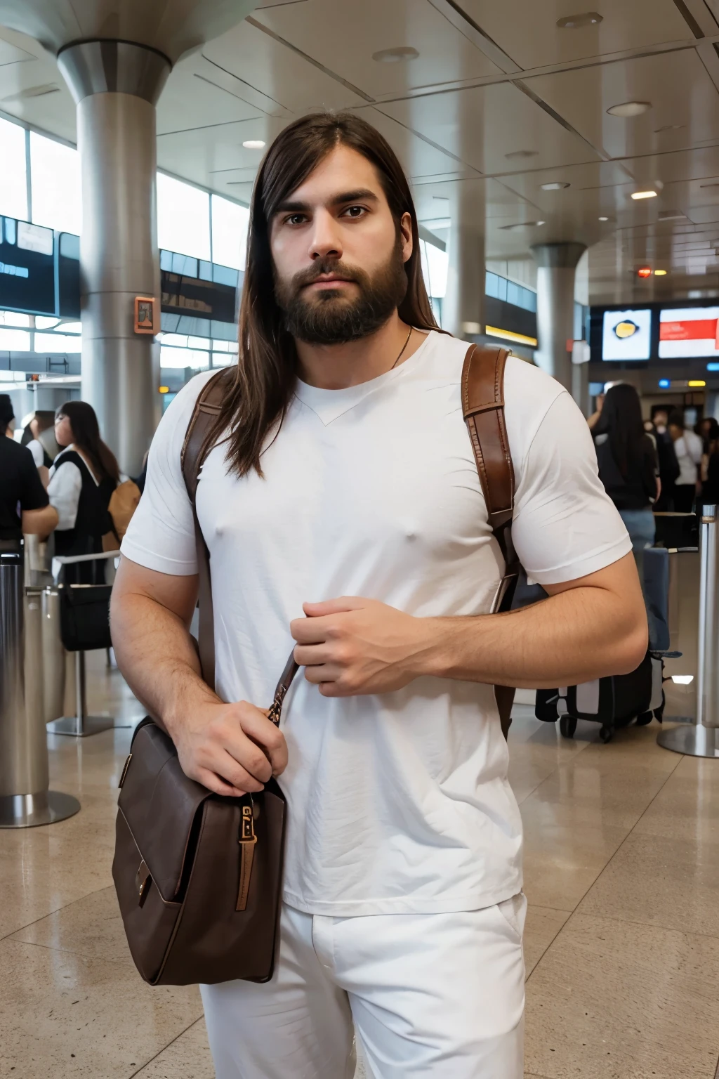 
31 year old man, super white, straight dark hair with bangs and very long. Square jaw and thick eyebrows and large square beard. Strong and with a well-defined body. At the airport with travel bag and happy enjoying alone.