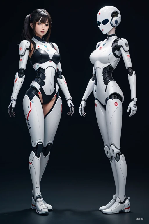 (Muscular:2), (thick thighs:1), (large round breasts:1), (large muscular chest and shoulders:1.4), FEMALE, brown hair, long brown hair, (big smile:0), (tight mecha arm, cute cyborg:1.5), looking at viewer, (three quarter view:1.3), upper body view, (white futuristic laboratory room:1.5), dark lighting, detailed skin, detailed eyes, (dark skin:1.), (very thin waist:1.3), (huge round muscles:1.5), (tall, long cyborg legs:1.5),