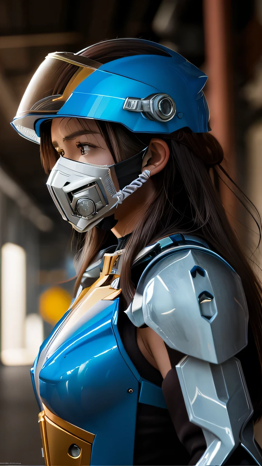 masterpiece,  最high quality, , (alone), 1 girl, look up, dim light, , horizon_(apex legend), goggles, blue eyes, brown hair, gauntlet, shoulder armor, (((Mecha helmet with full face mask))), (science_fiction), outdoor, street, neon light, cyber punk, masterpiece, 最high quality, high quality, High resolution, (((Portrait)))