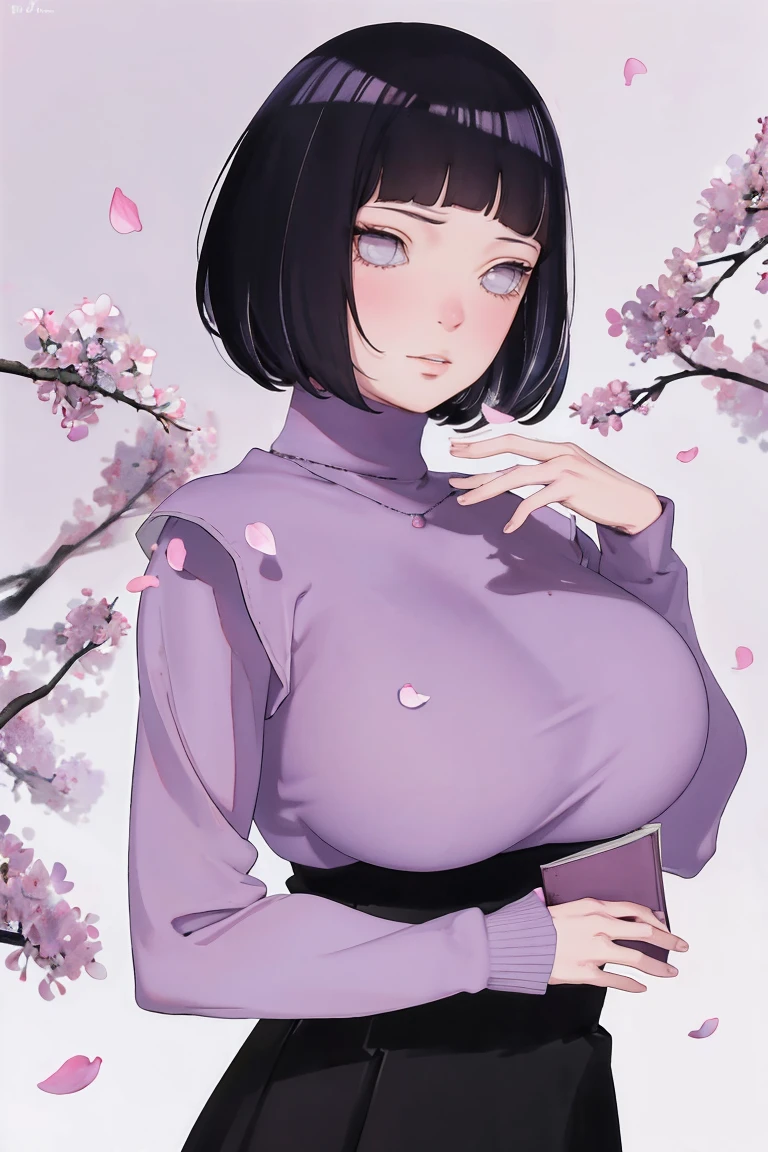 { - anatomy error} (Masterpiece - Ultra-detailed, very high resolution) (huge titusty, masterpiece, absurdres, hinata\(boruto\), 1girl, solo,mature female, lilac turtleneck blouse, black pant, looking at viewelling petals), perfect composition, detailed lips, big breast, beautiful face, body propotion, blush, (pink lips), short hair, (black hair), purple eyes, soft gaze, super realistic, detailed, photoshoot, realistic face and body, closed mouth , lilac eyes, upper body, hidden hands, perfect fingers, inocent face, portrait, , writing, reading, dynamic poses