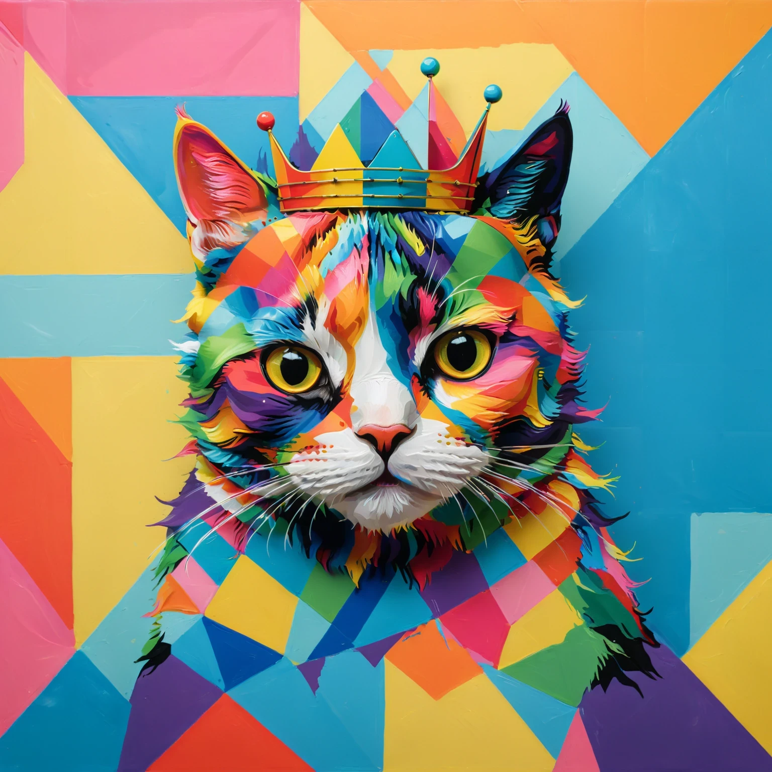 diy11，a crowned cat in a modern and pop art style, with geometric twists and rainbow hues seamlessly incorporated into the design

