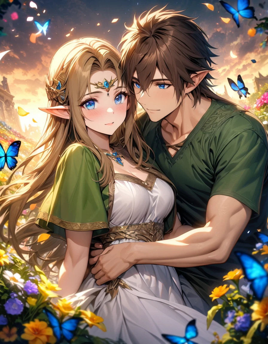 absurdres, highres, ultra detailed, HDR), masterpiece, vibrant blue eyes, Link, dark brown short hair, hair between the eyes, green tunic, The legend of zelda twilight princess, Princess Zelda, dark brown long hair, purple and white dress, a handsome man together with a beautiful woman, couple, elf, flower garden, butterflies, petals