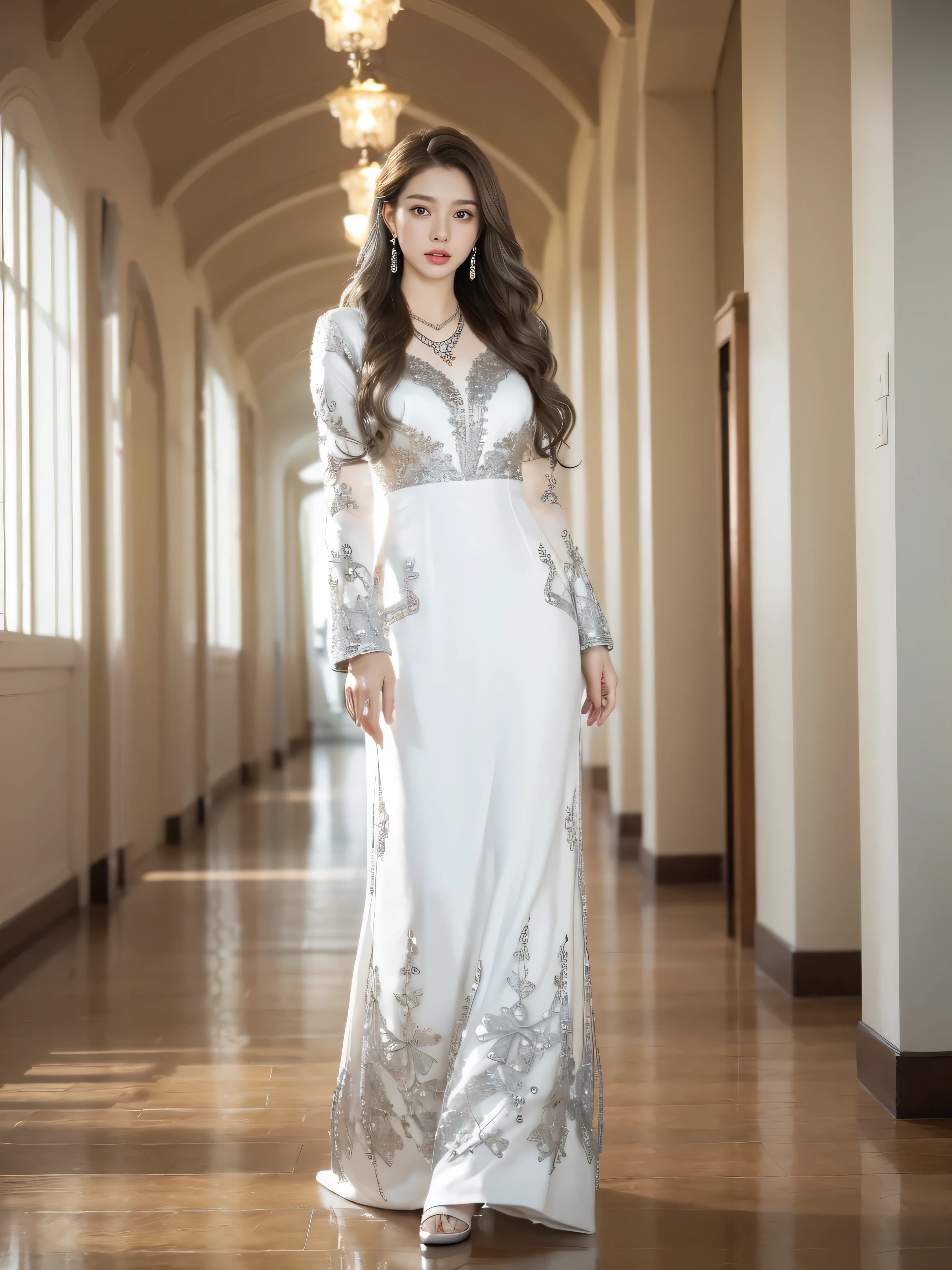 highest quality,masterpiece,ultra high resolution,(actual:1.4),original photo,ultra high resolution,8K,there is a girl,fashion,winter,confident and beautiful,calm temperament,whole body,street,long legs,((Hair with loose waves inside:1.2)),((silver necklace_Large earrings:1.2)),((Super long brown hair:1.2))、((Strongly blurred beautiful office corridor background:1.1)、The most natural and perfect office hallway、perfectly organized hallway、((Flowing white dress decorated with intricate silver embroidery_long sleeve_Thin:1.3))