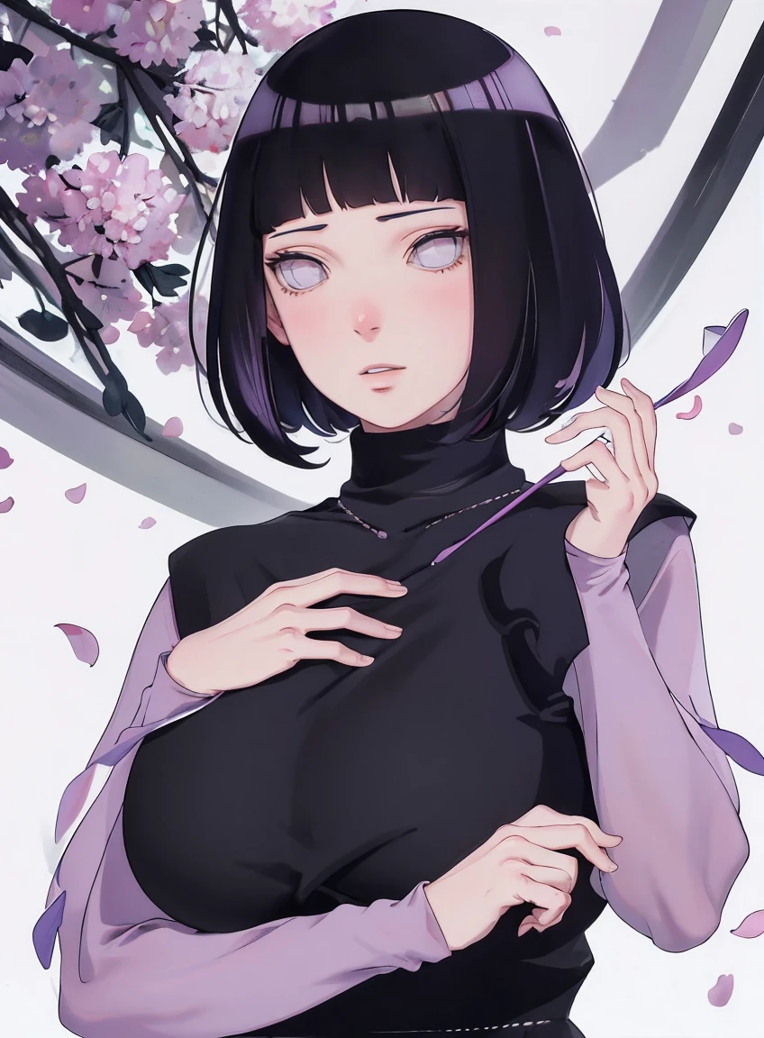 { - anatomy error} (Masterpiece - Ultra-detailed, very high resolution) (huge titusty, masterpiece, absurdres, hinata\(boruto\), 1girl, solo,mature female, lilac turtleneck blouse, black pant, looking at viewelling petals), perfect composition, detailed lips, big breast, beautiful face, body propotion, blush, (pink lips), short hair, (black hair), purple eyes, soft gaze, super realistic, detailed, photoshoot, realistic face and body, closed mouth , lilac eyes, upper body, hidden hands, perfect fingers, inocent face, portrait, , writing, reading, dynamic poses