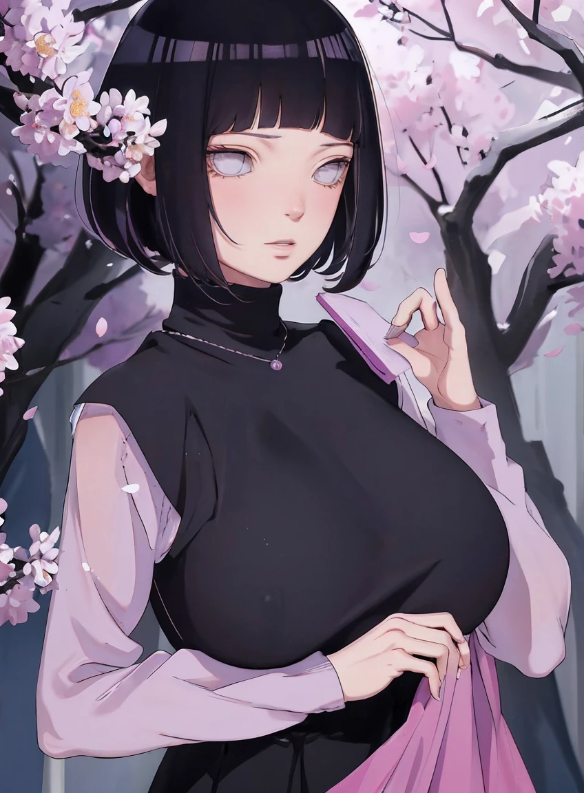 { - anatomy error} (Masterpiece - Ultra-detailed, very high resolution) (huge titusty, masterpiece, absurdres, hinata\(boruto\), 1girl, solo,mature female, lilac turtleneck blouse, black pant, looking at viewelling petals), perfect composition, detailed lips, big breast, beautiful face, body propotion, blush, (pink lips), short hair, (black hair), purple eyes, soft gaze, super realistic, detailed, photoshoot, realistic face and body, closed mouth , lilac eyes, upper body, hidden hands, perfect fingers, inocent face, portrait, , writing, reading, dynamic poses