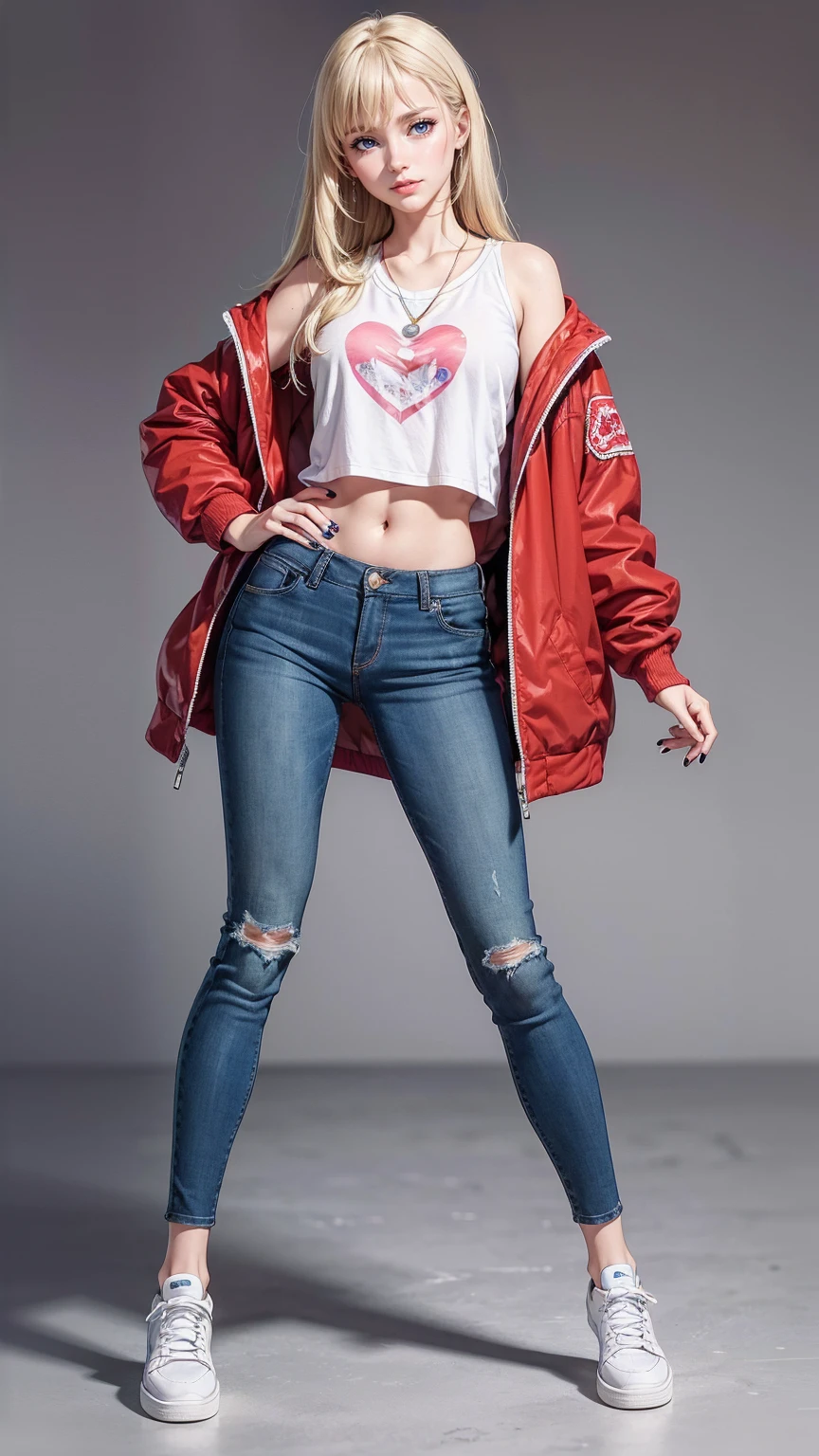 ((最high quality, 8K, masterpiece: 1.3, Ultra HD, high quality, 最high quality, High resolution, realism)) 、25 year old white woman、platinum blonde、blue eyes、long hair、hair above one eye、smile、slender、A soft and plump feminine body、I don't want my head to disappear from the screen.、Accessorize your wrist、Wearing red nail polish、I have a peticure、(high color saturation:1.0), (highly detailed skin), (最high quality:1.0), (超High resolution:1.0) ,(realistic:1.0), (Super detailed:1.0), (8K, Raw photo:1.1), Wear a T-shirt、Midriff Jacket((midriff jacket))((outta))wear、Midriff Jacket((midriff jacket))((outta))roll up the sleeves of、wear skinny jeans、wear sneakers、put both hands on hips、wear a watch、spread your legs shoulder-width apart、smile、Pastel blue background、Wear the cap backwards and forwards