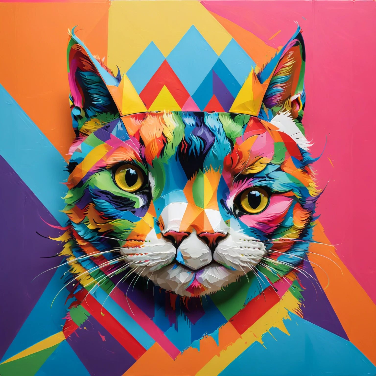 diy11，a crowned cat in a modern and pop art style, with geometric twists and rainbow hues seamlessly incorporated into the design
