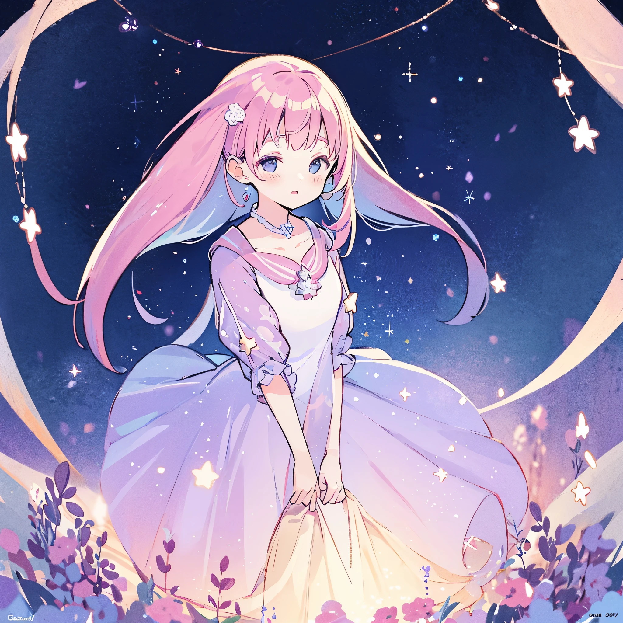 complex background, wishing star background, a woman wearing an ethereal mystical pink translucent dress that reflects the stars, perfume promo art, mystic, complex drawing, highly detailed, Covergirl brand, promo art, artistic rendition, ethereal, starry night, midjourney style