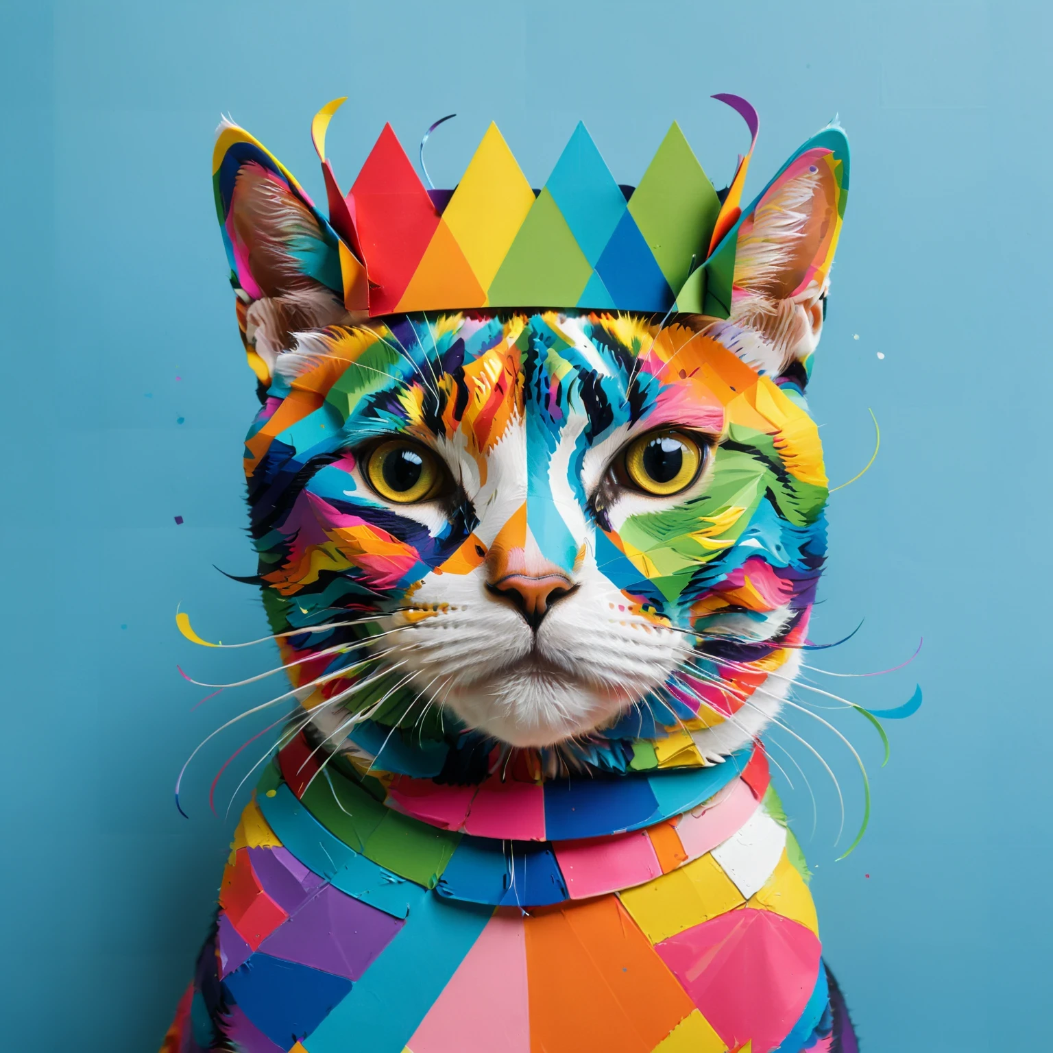 diy11,a crowned cat in a modern and pop art style, with geometric twists and rainbow hues seamlessly incorporated into the design
