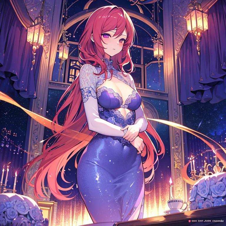 {{{{{Maki Nishikino}}}}},{{{lovelive}}}，pink colour,sexy lace ballet  Deep v，be shy,Sexy  magnificent/gorgeous Siamese purple lace ballet，petite,small and exquisite，{{{loli}}},Her breasts are not big，night sky,arrays/swarms of stars,Milky Way，Please draw a masterpiece, an extremely exquisite illustration, so that I can see the most real light and shadow and the Milky Way - the most detailed background - the most detailed details. The most beautiful little body the smoothest skin. Wearing a layer of tulle lace sexy gorgeous clothes, with long big top sleeves. She put her hands behind her back,(extremely detailed CG unity 8k wallpaper),(((masterpiece))), (((best quality))), ((ultra-detailed)), (best illustration), [:((flat color),(bright colorful background),(((high saturation))),