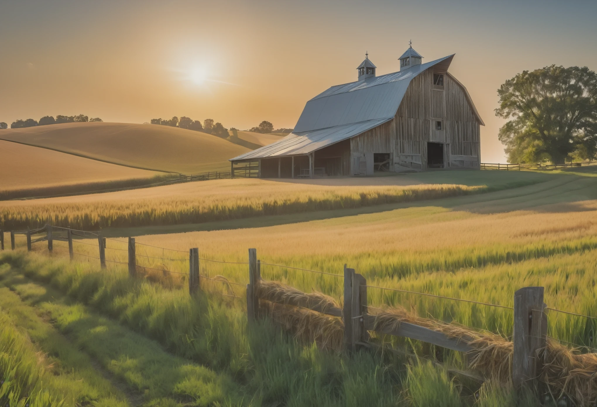 (best quality,4K,8K,high resolution,masterpiece:1.2),Super detailed,(actual,photoactual,photo-actual:1.37),high dynamic range,ultra high definition,studio lighting,Ultra-fine coating,sharp focus,Physically based rendering,extremely detailed description,professional,bright colors,Bokeh,professional farm photography,Award-winning images,wide angle view,Farm view,rolling green hills,refreshing blue sky,sunny barn,Beautifully composed photography,Lush golden wheat fields,bumper harvest,Heritage Farmhouse,Old wooden fence,Vast farmland,Farmers tending to their crops,Curious farm animals,Authentic rural experience,Rich and vibrant colors,Subtle warm colors,Sunny scene,lens flare,elegant composition,Farmland with rich texture,Impeccable attention to detail,Impressive depth of field,stunning capture,Embody the beauty of rural life.