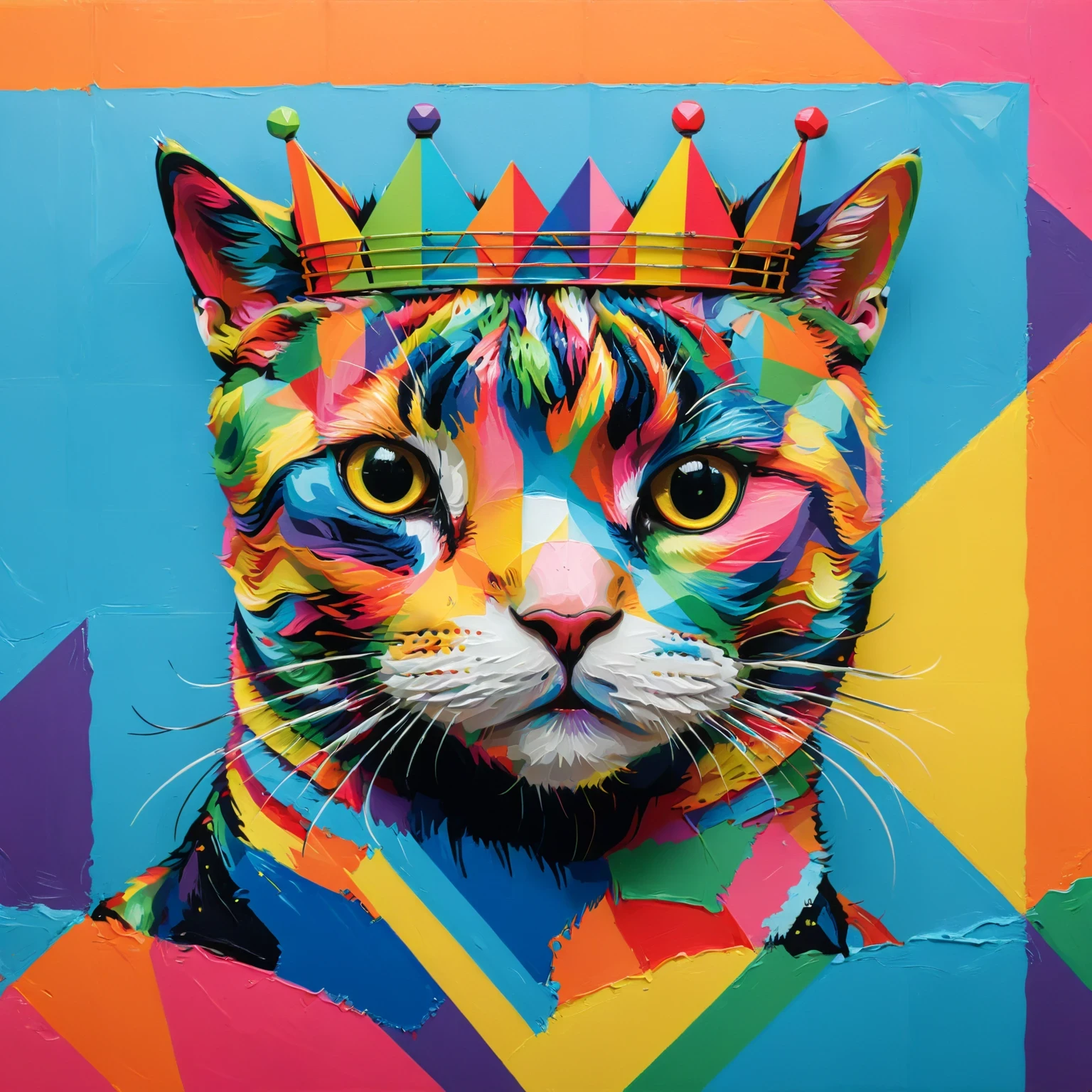 diy11,a crowned cat in a modern and pop art style, with geometric twists and rainbow hues seamlessly incorporated into the design