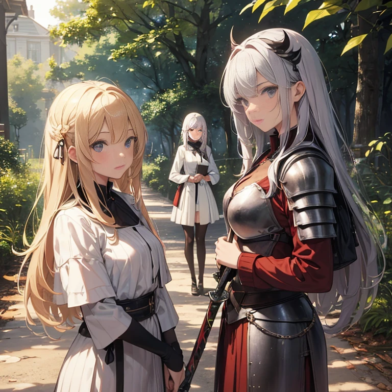 A group of female knight, (in forest), various hair styles, harem, wearing armored clothes, metal armor, night, details face, trousers, seducing, sword,