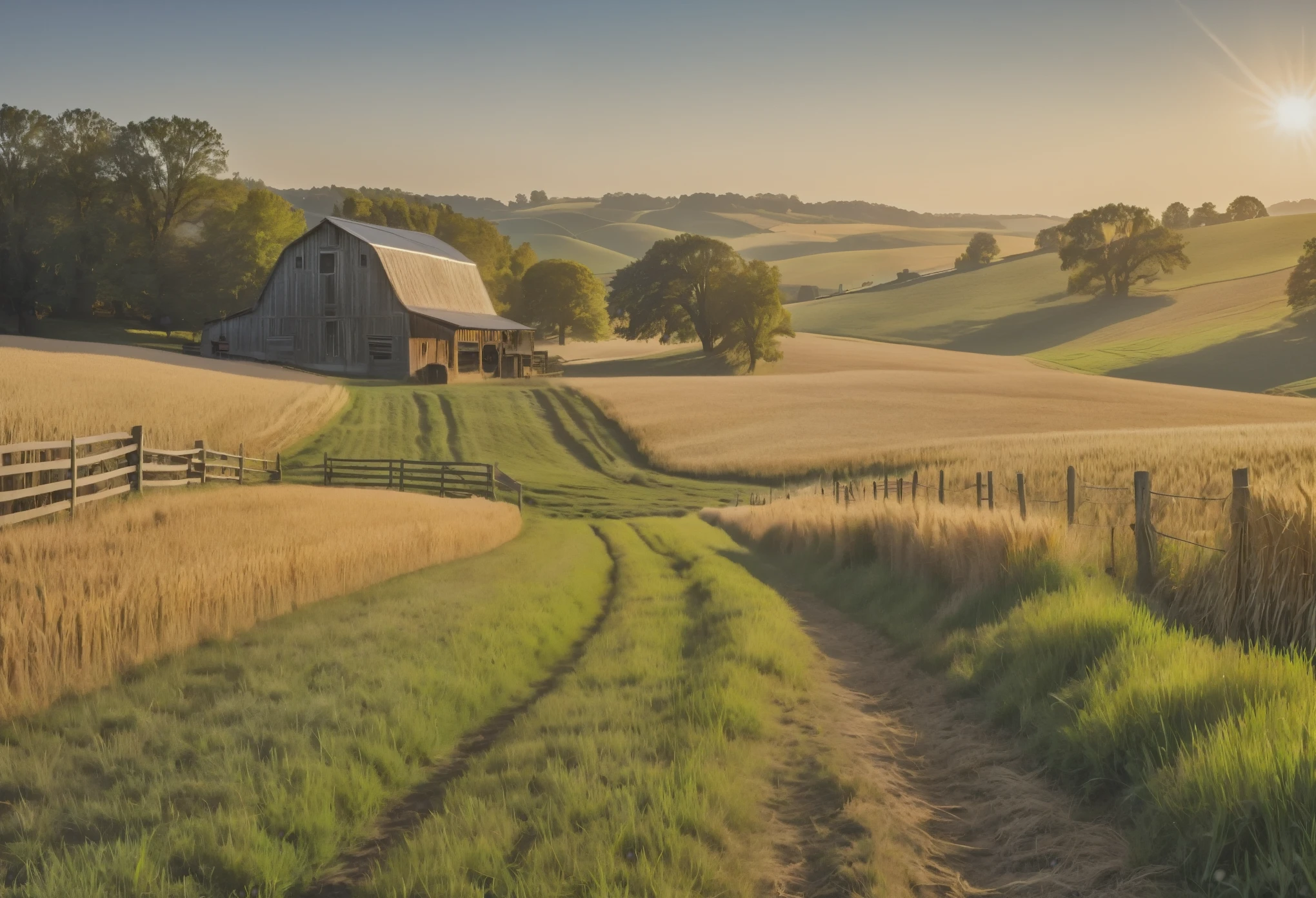 (best quality,4K,8K,high resolution,masterpiece:1.2),Super detailed,(actual,photoactual,photo-actual:1.37),high dynamic range,ultra high definition,studio lighting,Ultra-fine coating,sharp focus,Physically based rendering,extremely detailed description,professional,bright colors,Bokeh,professional farm photography,Award-winning images,wide angle view,Farm view,rolling green hills,refreshing blue sky,sunny barn,Beautifully composed photography,Lush golden wheat fields,bumper harvest,Heritage Farmhouse,Old wooden fence,Vast farmland,Farmers tending to their crops,Curious farm animals,Authentic rural experience,Rich and vibrant colors,Subtle warm colors,Sunny scene,lens flare,elegant composition,Farmland with rich texture,Impeccable attention to detail,Impressive depth of field,stunning capture,Embody the beauty of rural life.