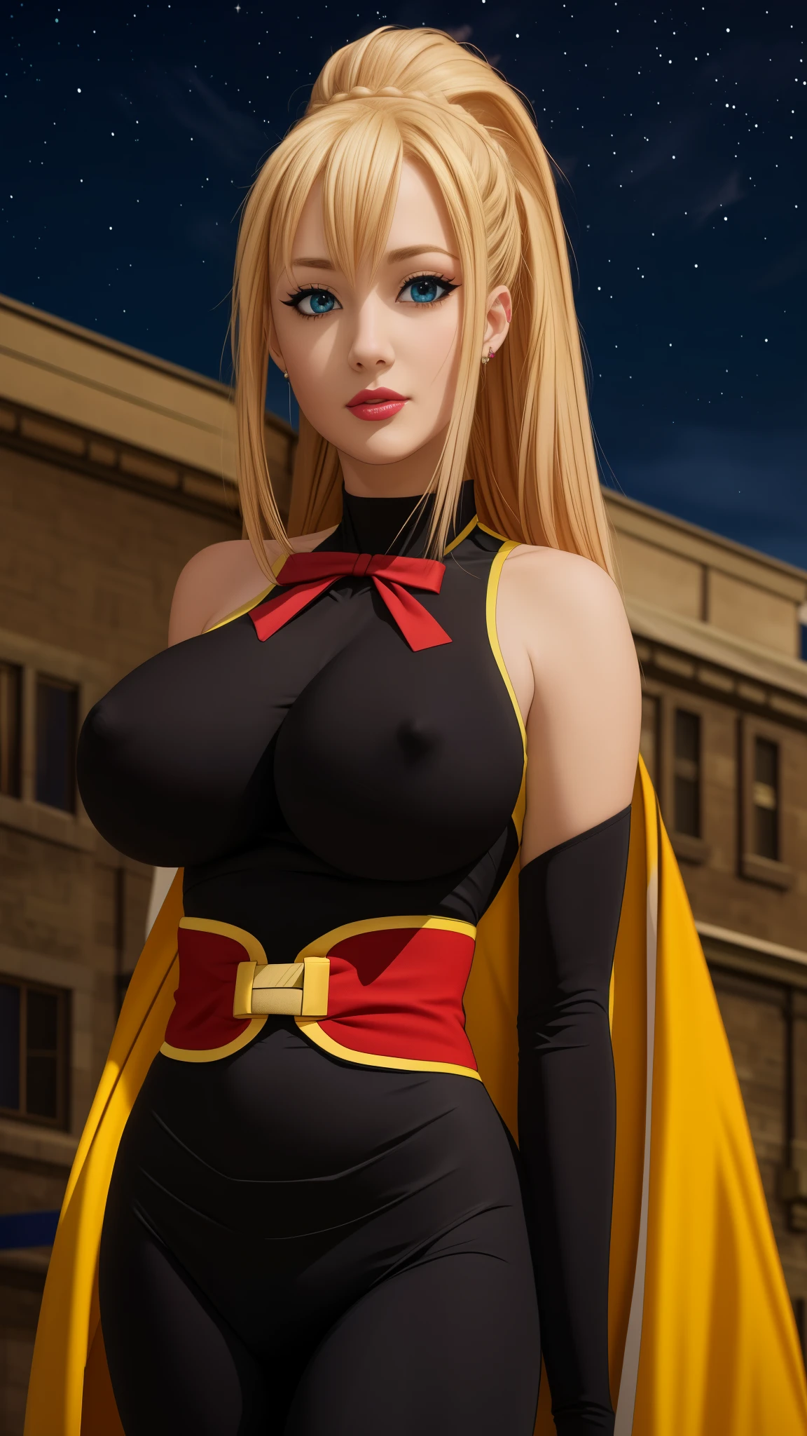 lalatinadustinessford, huge_, standing, solo, Black_bodysuit_Yellow_high-waist_skirt_Front_slit_Red_bowtie, starry_sky,, masterpiece, best quality, detailed face, detailed eyes, highres,