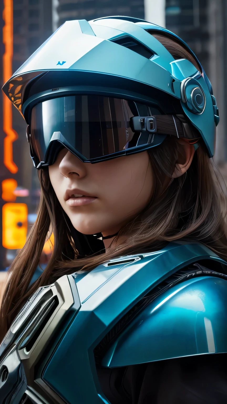 masterpiece, 最high quality, , (alone), 1 girl, look up, dim light, , horizon_(apex legend), goggles, blue eyes, brown hair, gauntlet, shoulder armor, (((full face mechanical helmet))), (science_fiction), outdoor, street, neon light, cyber punk, masterpiece, 最high quality, high quality, High resolution, (((Portrait)))