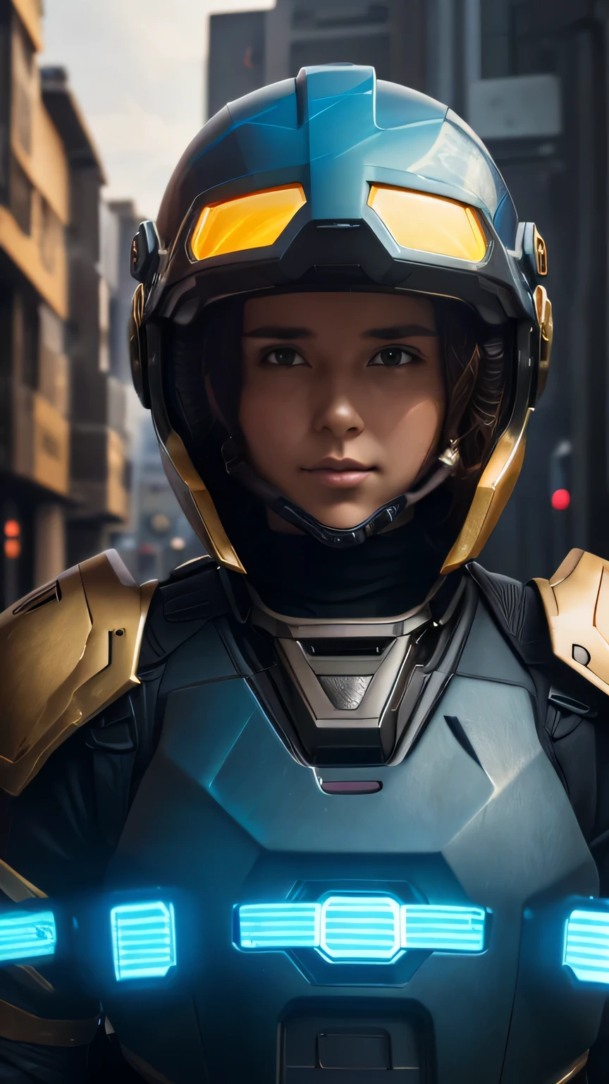 masterpiece,  最high quality, , (alone), 1 girl, look up, dim light, , horizon_(apex legend), goggles, blue eyes, brown hair, gauntlet, shoulder armor, (((full face mechanical helmet))), (science_fiction), outdoor, street, neon light, cyber punk, masterpiece, 最high quality, high quality, High resolution, (((Portrait)))
