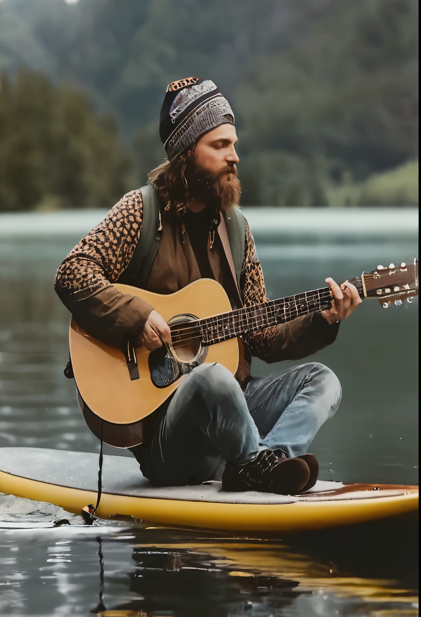 there is a bearded man that is sitting on a surfboard with a guitar, a human bard, on a lake, in harmony with nature, singer - songwriter, man playing guitar, hipster, singer songwriter, carrying a guitar, hipster dad, male bard, 🚿🗝📝, playing the guitar, playing a guitar, 🌻🎹🎼, cottage hippie naturalist