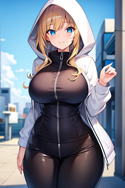 1girl, hood, jacket, hooded jacket, hood on, hood up, blonde hair, large breasts, breasts, wide hips, thick thighs, hourglass figure, white jacket, black shirt, shirt, very short hair, pants, black pants, smile, toned, toned female, urban, mature female, tall, tall female, tomboy, zipper