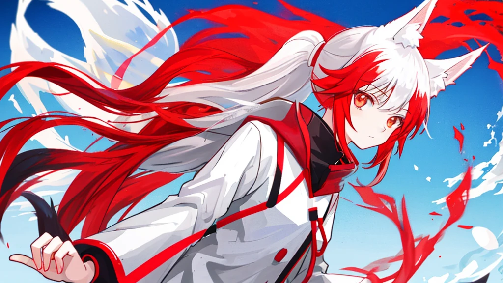 girl with red long hair,white and red long-sleeved shirt, fox ears, nine fox tails, fox, white fox,sky, anime