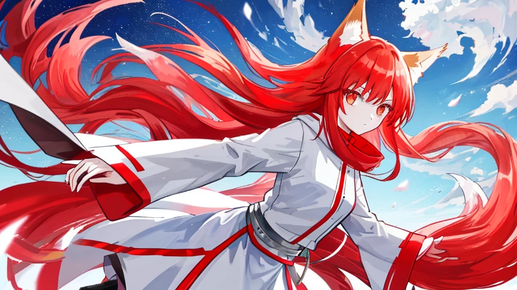 girl with red long hair,white and red long-sleeved shirt, fox ears, nine fox tails, fox, white fox,sky, anime