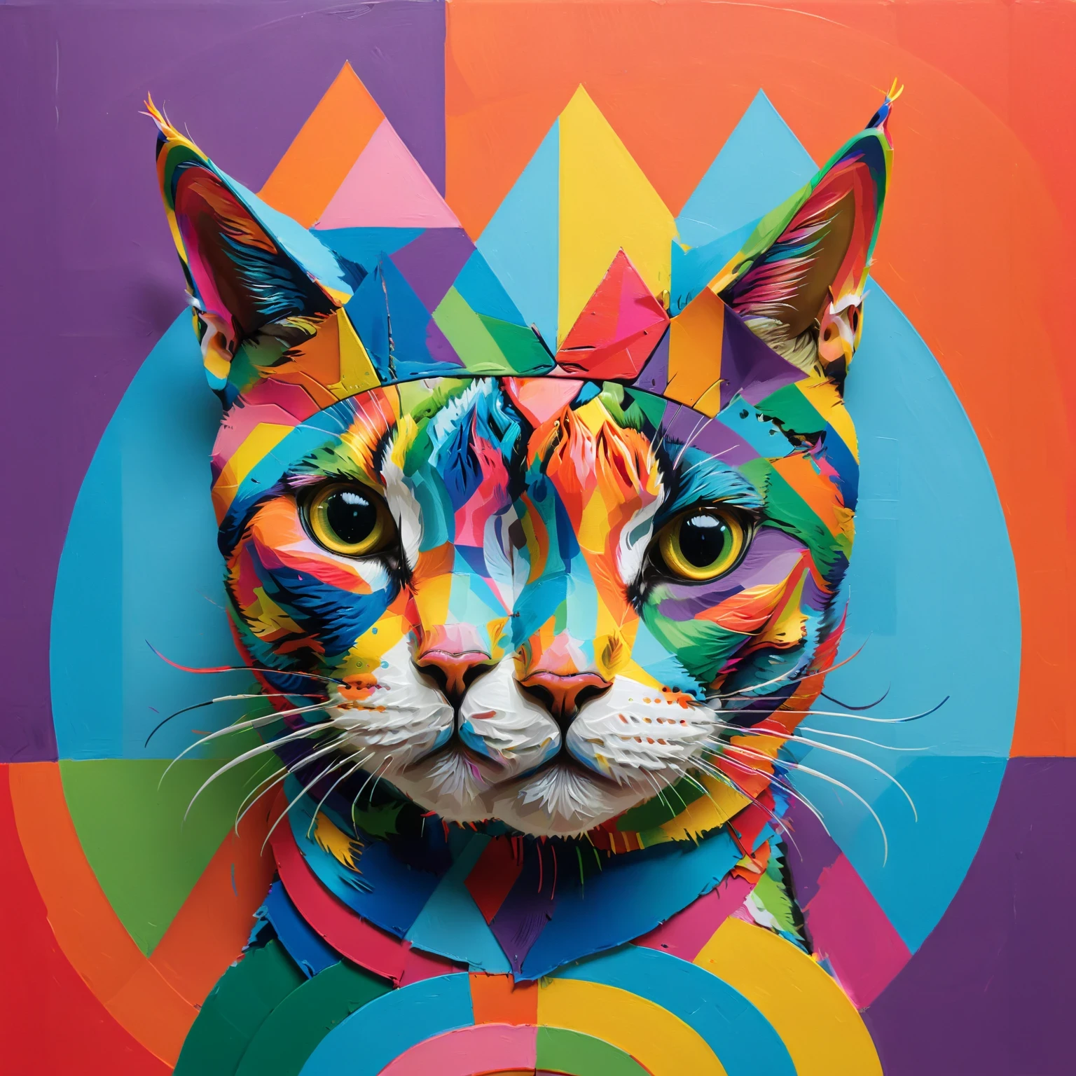 diy11,a crowned cat in a modern and pop art style, with geometric twists and rainbow hues seamlessly incorporated into the design