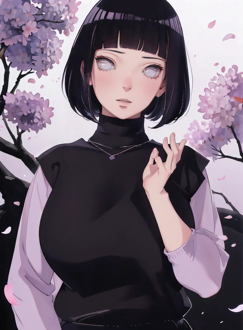 { - anatomy error} (Masterpiece - Ultra-detailed, very high resolution) (huge titusty, masterpiece, absurdres, hinata\(boruto\), 1girl, solo,mature female, lilac turtleneck blouse, black pant, looking at viewelling petals), perfect composition, detailed lips, big breast, beautiful face, body propotion, blush, (pink lips), short hair, (black hair), purple eyes, soft gaze, super realistic, detailed, photoshoot, realistic face and body, closed mouth , lilac eyes, upper body, hidden hands, perfect fingers, inocent face, portrait, , writing, reading, dynamic poses