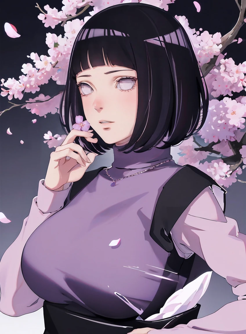 { - anatomy error} (Masterpiece - Ultra-detailed, very high resolution) (huge titusty, masterpiece, absurdres, hinata\(boruto\), 1girl, solo,mature female, lilac turtleneck blouse, black pant, looking at viewelling petals), perfect composition, detailed lips, big breast, beautiful face, body propotion, blush, (pink lips), short hair, (black hair), purple eyes, soft gaze, super realistic, detailed, photoshoot, realistic face and body, closed mouth , lilac eyes, upper body, hidden hands, perfect fingers, inocent face, portrait, , writing, reading, dynamic poses