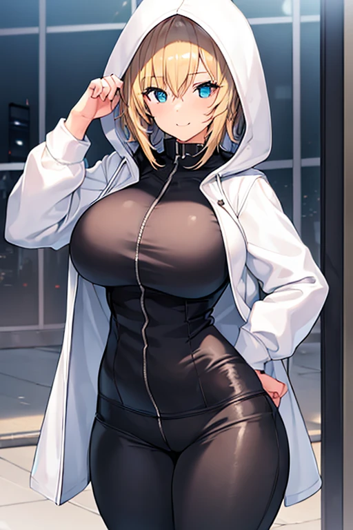 1girl, hood, jacket, hooded jacket, hood on, hood up, blonde hair, large breasts, breasts, wide hips, thick thighs, hourglass figure, white jacket, black shirt, shirt, very short hair, pants, black pants, smile, toned, toned female, urban, mature female, tall, tall female, tomboy, zipper