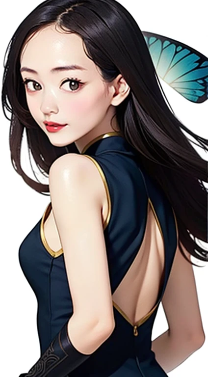 [(white background:1.5)::5], 1 girl,Upper body,robber girl,blue cheongsam,blue chinese clothes,(highest quality:1.4),(shiny skin),red lips,((long hair、all back、Forehead exposed、black hair)), looking at the viewer,small breasts,Chinese style architecture with parted lips,stand on the sea, sea waves, splash of water, null, detailed month, particles of light, butterfly, night, starry null,slender、smallbrest.