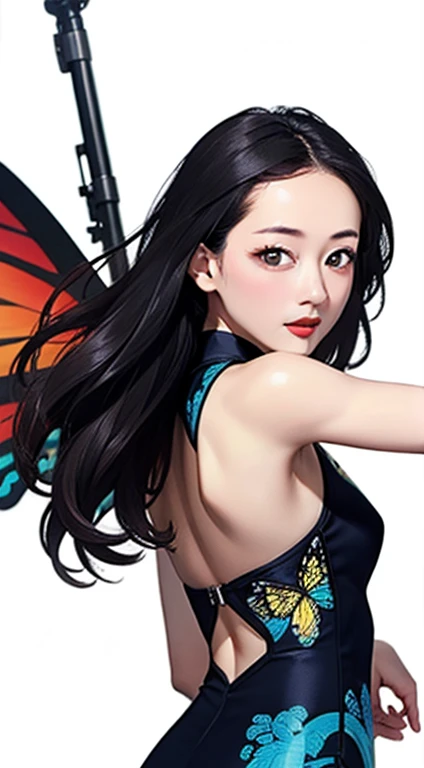 [(white background:1.5)::5], 1 girl,Upper body,robber girl,blue cheongsam,blue chinese clothes,(highest quality:1.4),(shiny skin),red lips,((long hair、all back、Forehead exposed、black hair)), looking at the viewer,small breasts,Chinese style architecture with parted lips,stand on the sea, sea waves, splash of water, null, detailed month, particles of light, butterfly, night, starry null,slender、smallbrest.