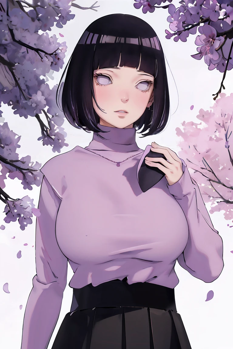 { - anatomy error} (Masterpiece - Ultra-detailed, very high resolution) (huge titusty, masterpiece, absurdres, hinata\(boruto\), 1girl, solo,mature female, lilac turtleneck blouse, black pant, looking at viewelling petals), perfect composition, detailed lips, big breast, beautiful face, body propotion, blush, (pink lips), short hair, (black hair), purple eyes, soft gaze, super realistic, detailed, photoshoot, realistic face and body, closed mouth , lilac eyes, upper body, hidden hands, perfect fingers, inocent face, portrait, , writing, reading, dynamic poses