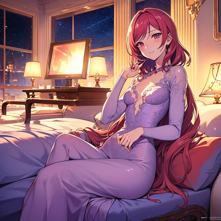{{{{{Maki Nishikino}}}}},{{{lovelive}}},pink colour,sexy lace ballet Deep v,be shy,Sexy magnificent/gorgeous Siamese purple lace ballet,petite,small and exquisite,{{{loli}}},Her breasts are not big,night sky,arrays/swarms of stars,Milky Way,Please draw a masterpiece, an extremely exquisite illustration, so that I can see the most real light and shadow and the Milky Way - the most detailed background - the most detailed details. The most beautiful little body the smoothest skin. Wearing a layer of tulle lace sexy gorgeous clothes, with long big top sleeves. She put her hands behind her back,(extremely detailed CG unity 8k wallpaper),(((masterpiece))), (((best quality))), ((ultra-detailed)), (best illustration), [:((flat color),(bright colorful background),(((high saturation))),
