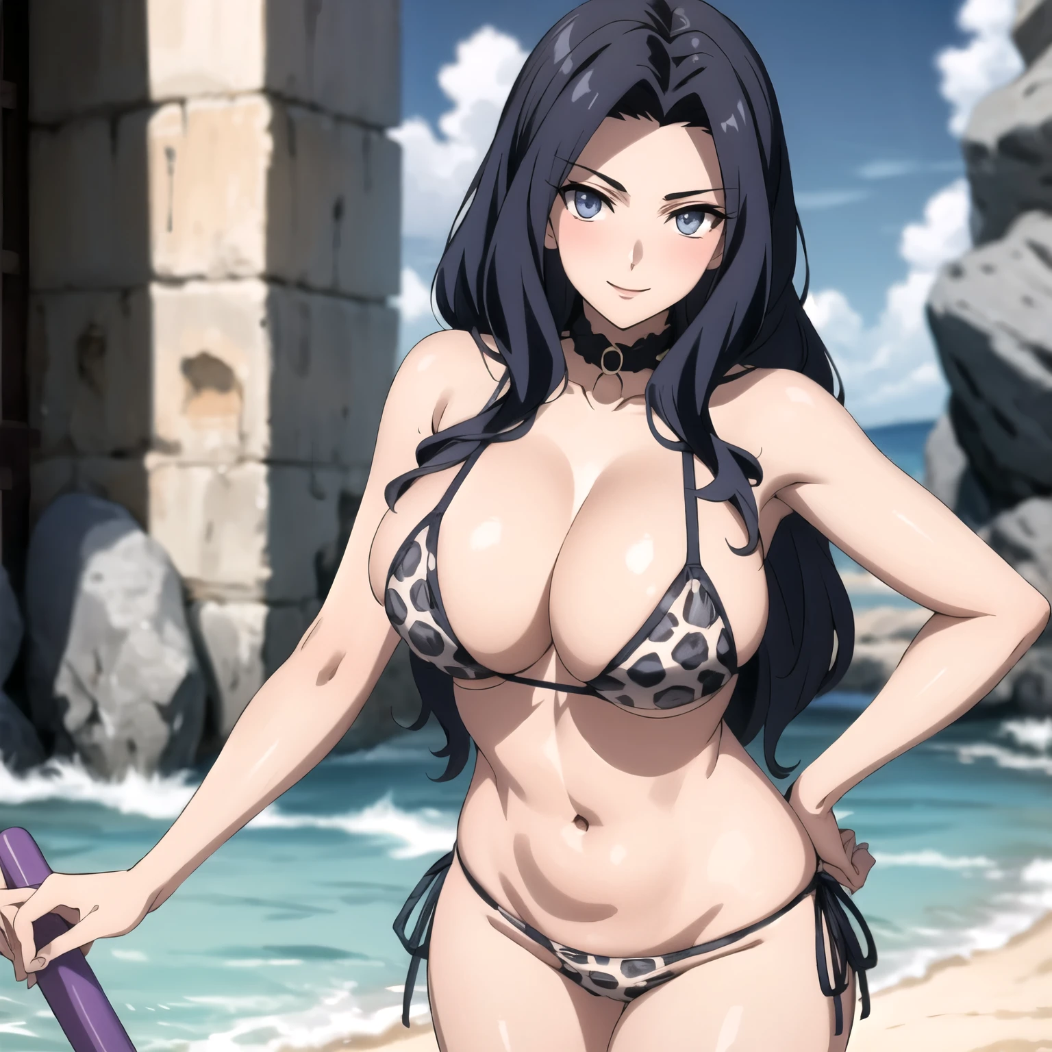 Melty Q Melromarc. beautiful woman 24 years old, cabello azul claroondulado . ojos azules detallados alta calidad. piel clara. sonrisa mostrando los dientes, rubor , big breasts light blue leopard print bikini, accesorios, gotas de agua en su pecho, cuerpo mojado, de pie frene al espectador.