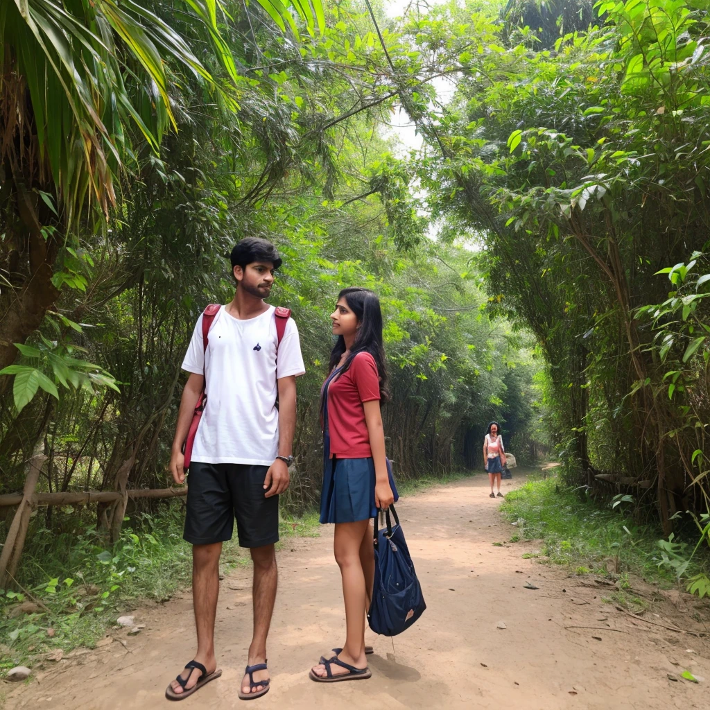 Ek ladka aur ladki ek tourist destination par ek-dusre ke sath photo khinchwa rahe hain.