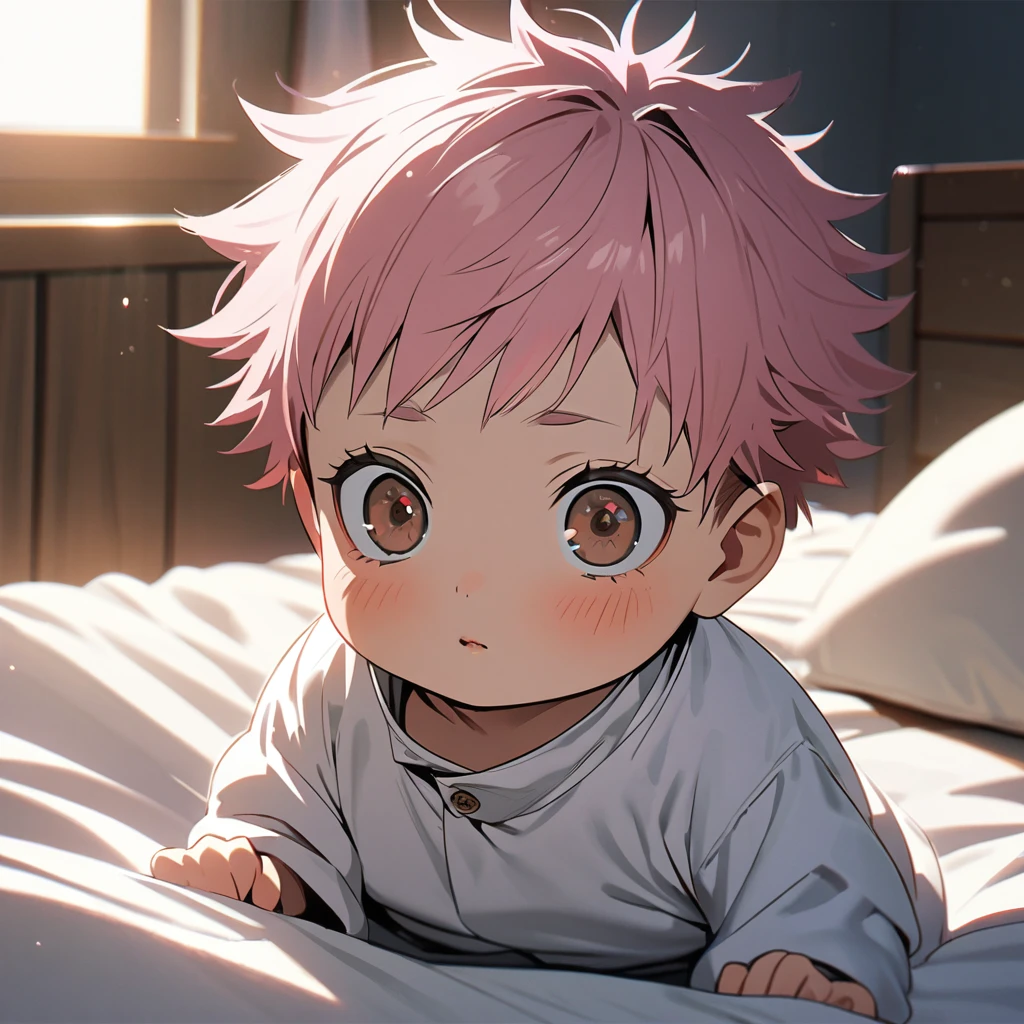4k, very detailed, hd, Itadori Yuji as a little baby, pink hair, brown eyes, white sheets, bedroom, sunlight, Jujutsu Kaisen, cute,